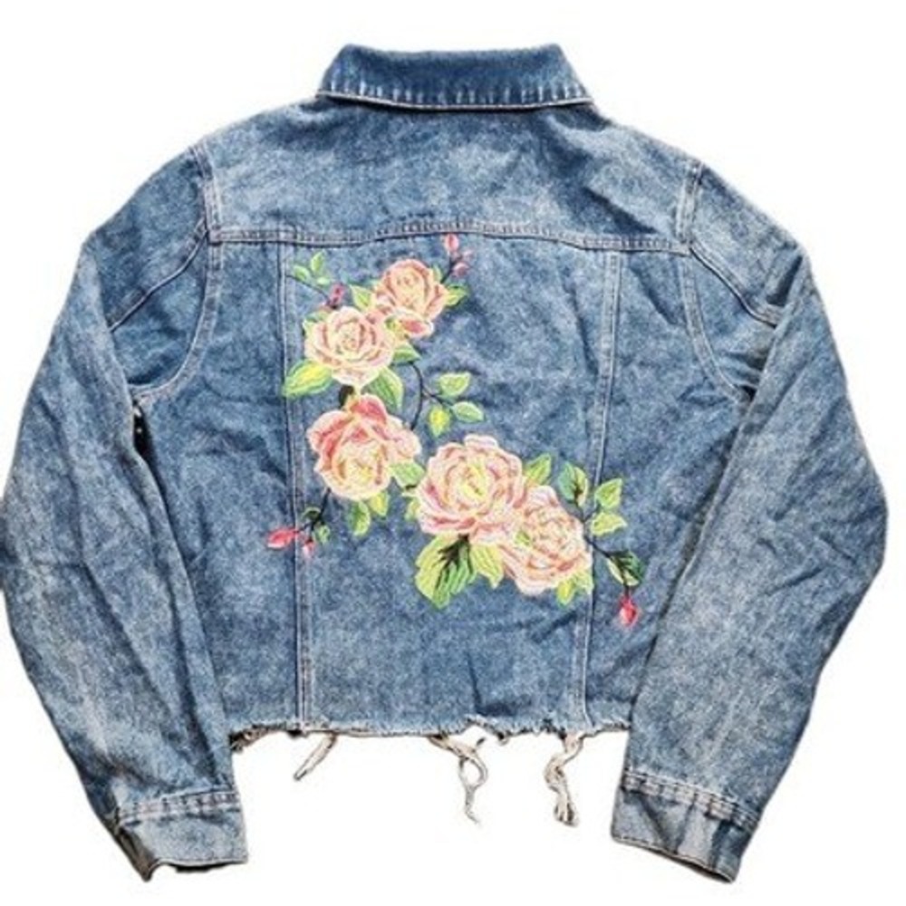 Sans Souci Floral Embroidered Frayed Hem Blue Jean Jacket Women's L Long Sleeve